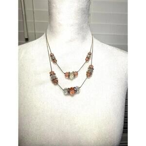 Double Strand Peach & Clear Faceted Crystal Bead Necklace with Gold Accents